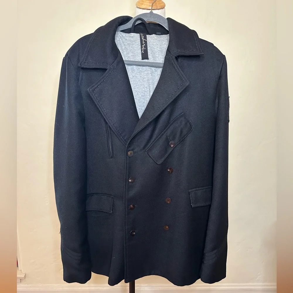 Men's Black Double-Breasted Peacoat w/Skull buttons & sweatshirt lining - Picture 1 of 12